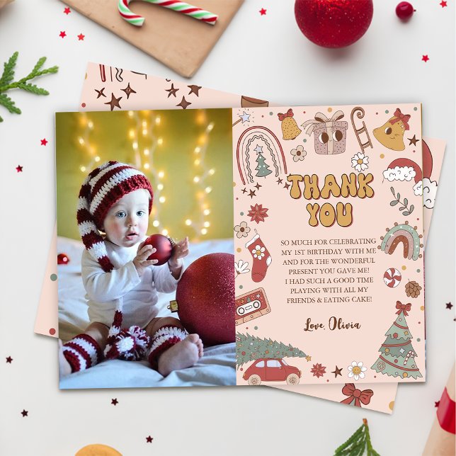 Pink Retro Groovy Christmas Tree Birthday Thank You Card (Creator Uploaded)