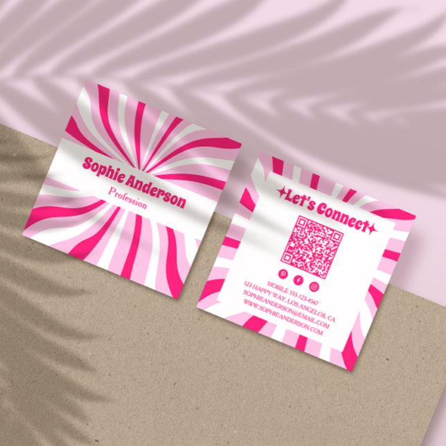 Pink Retro Groovy Modern QR Code Square Business Card (Creator Uploaded)