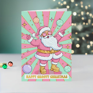 Pink Retro Groovy Santa Claus Merry Christmas Foil Holiday Card