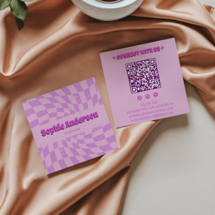 Pink Retro Groovy Wavy Checkered with QR Code      Square Business Card