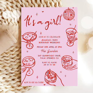 Pink Retro Hand Drawn Baby Shower Invitation