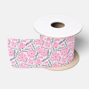 Pink Retro Hand Drawn Floral Pattern Satin Ribbon