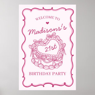 Pink Retro Heart Coquette Cake Birthday Welcome Poster