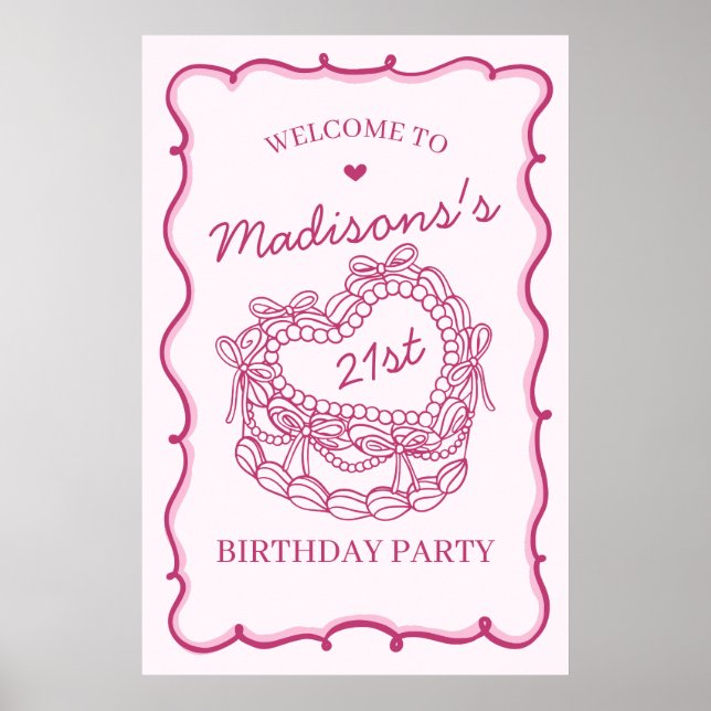 Pink Retro Heart Coquette Cake Birthday Welcome Poster (Front)