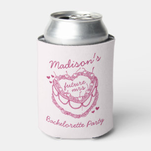 Pink Retro Heart Coquette Cherry Cake Bachelorette Can Cooler