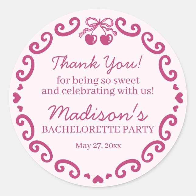 Pink Retro Heart Coquette Cherry Cake Bachelorette Classic Round Sticker (Front)