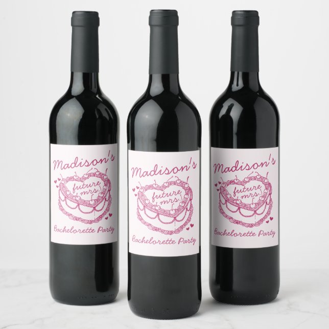 Pink Retro Heart Coquette Cherry Cake Bachelorette Wine Label (Bottles)