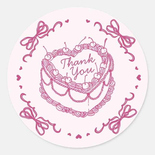 Pink Retro Heart Coquette Cherry Cake Birthday Classic Round Sticker (Front)