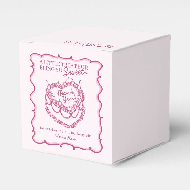Pink Retro Heart Coquette Cherry Cake Birthday Favor Box (Front Side)