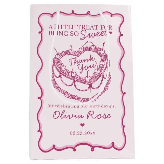 Pink Retro Heart Coquette Cherry Cake Birthday Medium Gift Bag (Front)