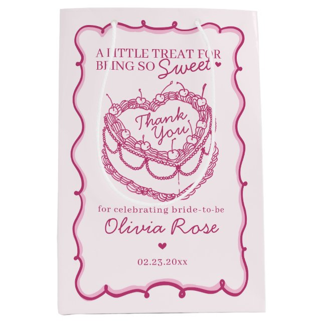 Pink Retro Heart Coquette Cherry Cake Birthday Medium Gift Bag (Front)
