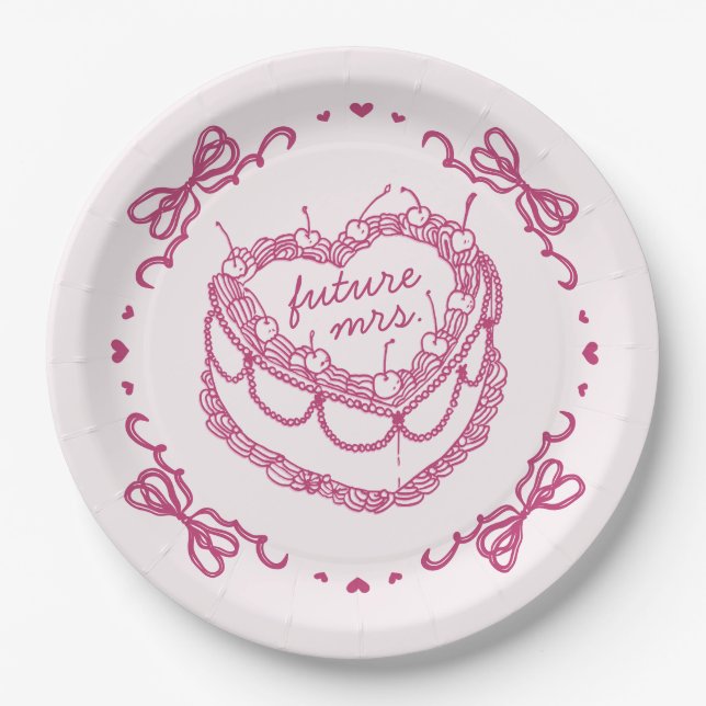 Pink Retro Heart Coquette Cherry Cake Bridal Showe Paper Plate (Front)