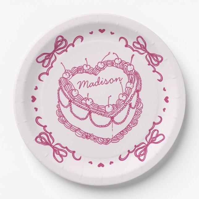 Pink Retro Heart Coquette Cherry Cake Personalized Paper Plate (Front)