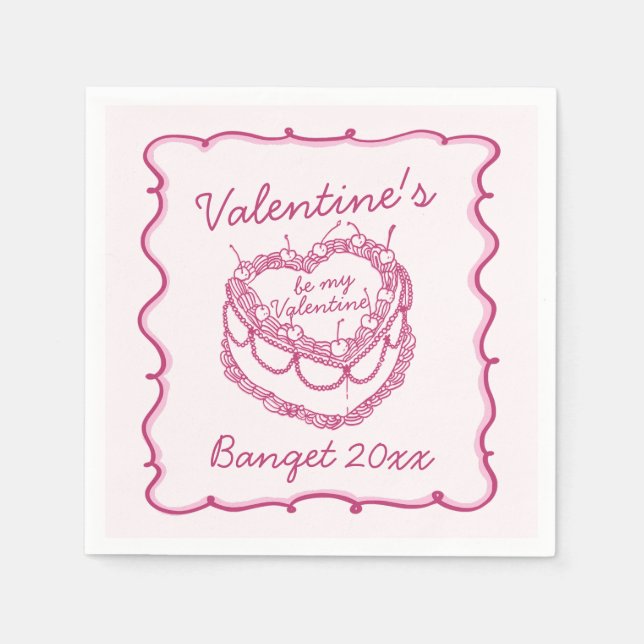 Pink Retro Heart Coquette Cherry Cake Valentines Napkin (Front)