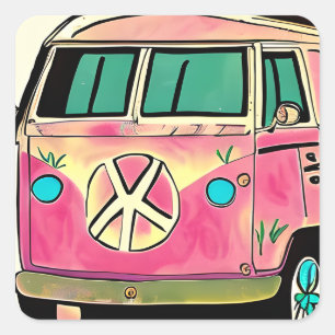 Pink Retro Hippie Van Vintage Colours Art Square Sticker