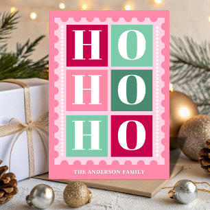 Pink Retro Ho Ho Ho Christmas Postage Stamp Holiday Card