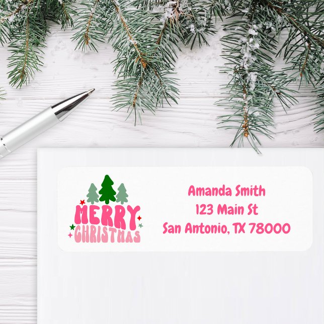 Pink Retro Joyeux Noël Adresse de retour (Retro Christmas Address Sticker)