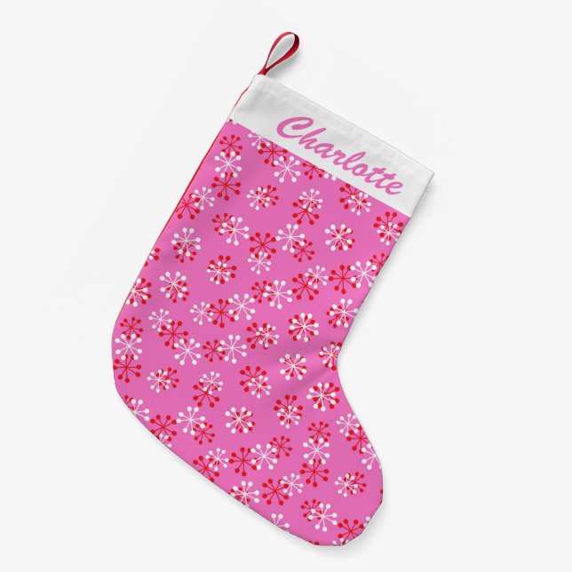 Pink Retro Mid Mod Atomic Pattern Personalized Small Christmas Stocking (Front (Hanging))