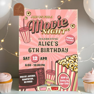 Pink Retro Outdoor Movie Night Birthday Girl Invitation