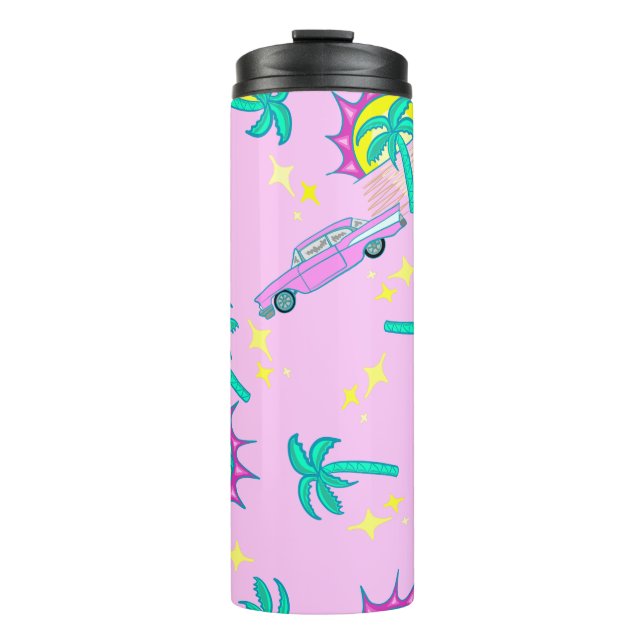 pink retro palm trees and car thermal tumbler (Front)