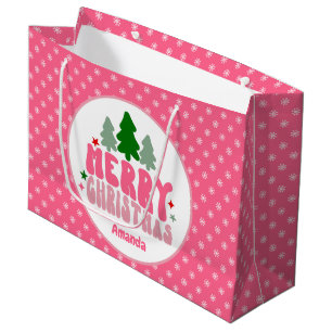 Pink Retro Personalized Christmas Large Gift Bag