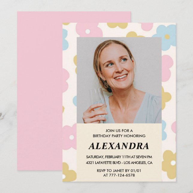 Pink Retro Photo Floral 53rd birthday invitation  (Front/Back)