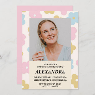 Pink Retro Photo Floral 68th birthday invitation 