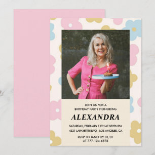 Pink Retro Photo Floral 78th birthday invitation 