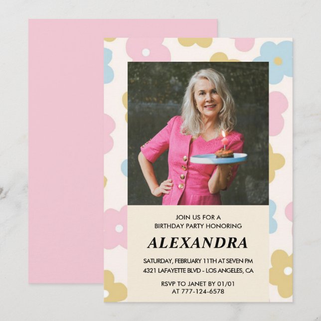 Pink Retro Photo Floral 86th birthday invitation  (Front/Back)