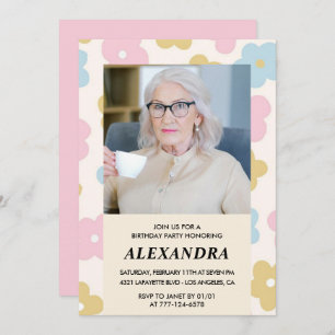 Pink Retro Photo Floral 91st birthday invitation 