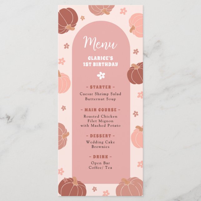 Pink Retro Pumpkin Boho First Birthday Menu (Devant)