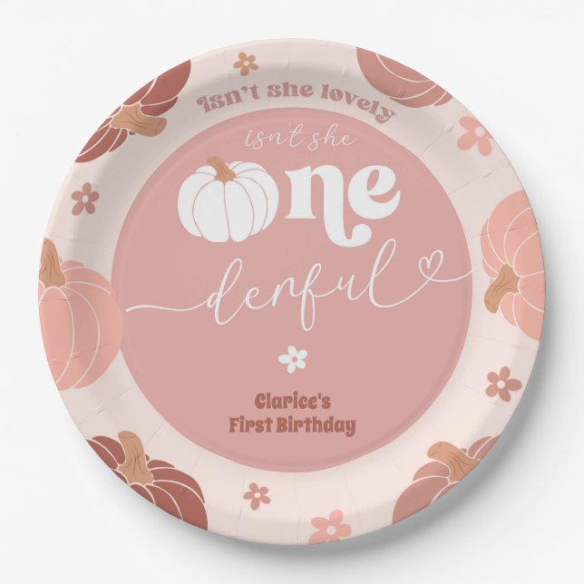 Pink Retro Pumpkin First Birthday Paper Plate (Front)