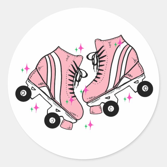 Pink Retro Roller Skates Classic Round Sticker (Front)
