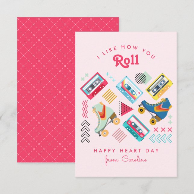 Pink Retro Rollerskate Classroom Valentine Card (Front/Back)