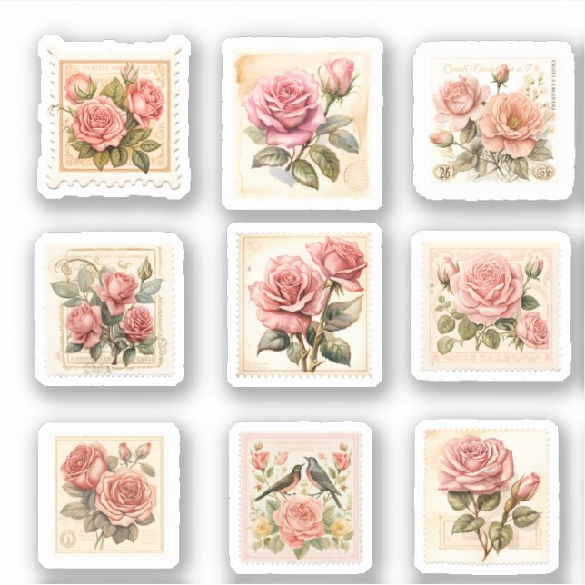 Pink Retro Roses Valentines Day Cute Stamp (Front)