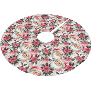 Pink Retro Santa Claus Christmas Floral Plaid Brushed Polyester Tree Skirt