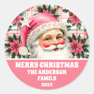 Pink Retro Santa Claus Christmas Floral Plaid Classic Round Sticker