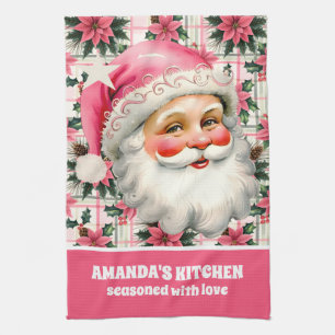 Pink Retro Santa Claus Christmas Floral Plaid Kitchen Towel