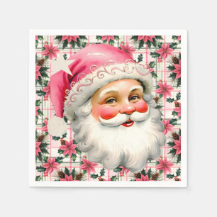 Pink Retro Santa Claus Christmas Floral Plaid Napkin