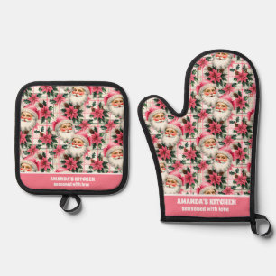 Pink Retro Santa Claus Christmas Floral Plaid Oven Mitt & Pot Holder Set