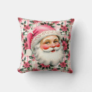 Pink Retro Santa Claus Christmas Floral Plaid Throw Pillow