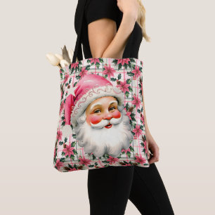 Pink Retro Santa Claus Christmas Floral Plaid Tote Bag