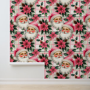 Pink Retro Santa Claus Christmas Floral Plaid Wallpaper