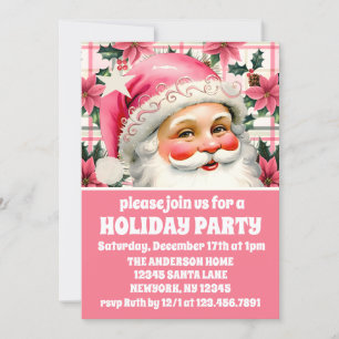 Pink Retro Santa Claus Floral Plaid Christmas Invitation