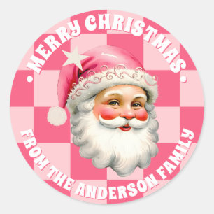 Pink Retro Santa Claus Pink Tartan Plaid Christmas Classic Round Sticker