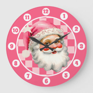 Pink Retro Santa Claus Pink Tartan Plaid Christmas Large Clock