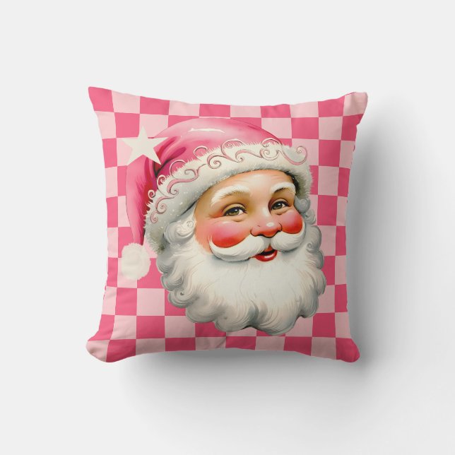Pink Retro Santa Claus Pink Tartan Plaid Christmas Throw Pillow (Front)