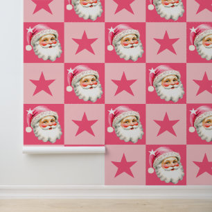 Pink Retro Santa Claus Pink Tartan Plaid Christmas Wallpaper