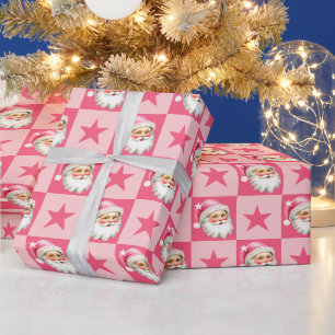 Pink Retro Santa Claus Pink Tartan Plaid Christmas Wrapping Paper