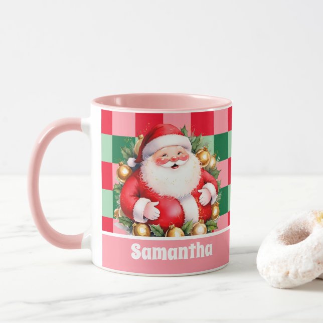 Pink Retro Santa Claus Tartan Plaid Christmas  Mug (With Donut)